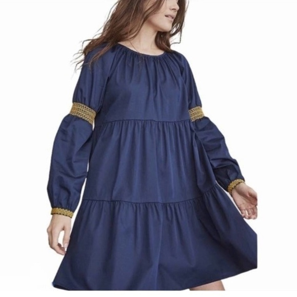 Elizabeth And James Dress - M navy , glad smocking sleeves , cotton nylon